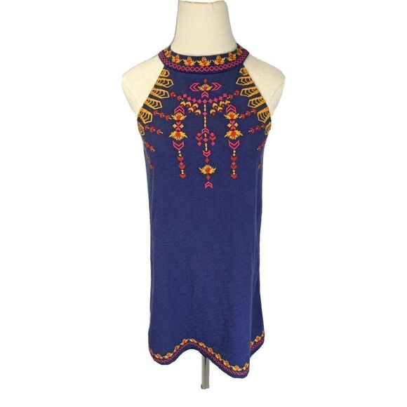 Anthropologie THML Blue Halter Dress Orange Yellow Embroidery Short Dress XS - Picture 1 of 12